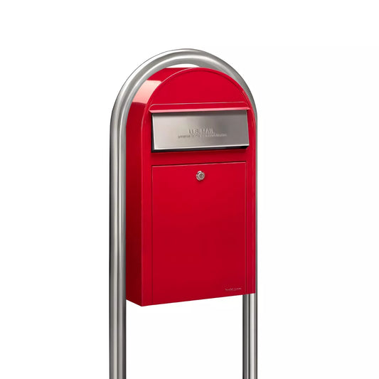 USPS Approved Bobi Grande Slim Front Access Modern Locking Red Mailbox with Round Stainless Steel Post Combo