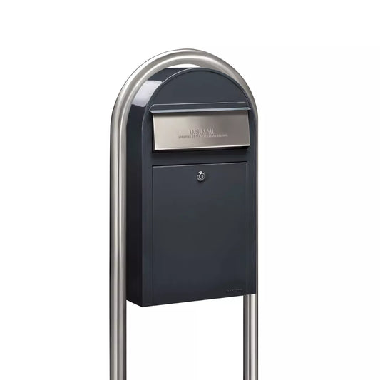 Bobi Grande Slim Front Access Modern Locking Grey Mailbox with Round Stainless Steel Post Combo