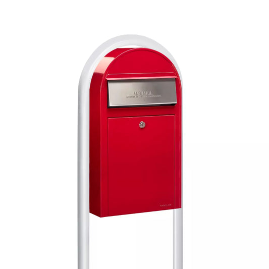 USPS Approved Bobi Grande Slim Front Access Modern Locking Red Mailbox with Stainless Steel Mail Slot and Round White Post Combo