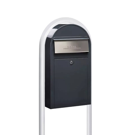 USPS Approved Bobi Grande Slim Front Access Modern Locking Grey Mailbox with Stainless Steel Mail Slot and Round White Post Combo