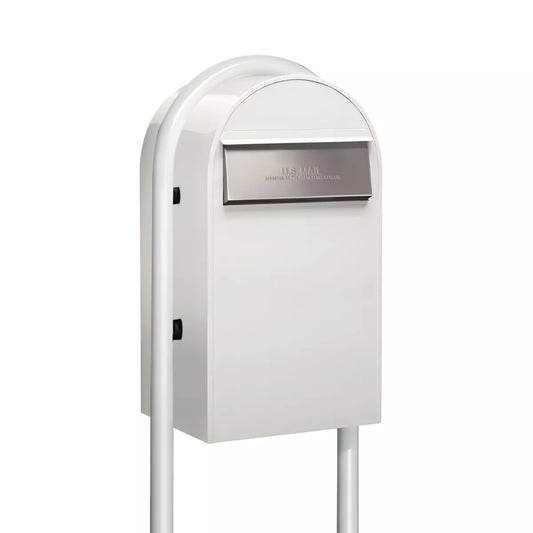 Bobi Grande B Rear Access Modern Locking White Mailbox with Round White Post Combo – Secure Small Parcel Delivery