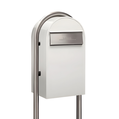 Bobi Grande B Rear Access Modern Locking White Mailbox with Round Zinc Post Combo - Secure Small Parcel Delivery