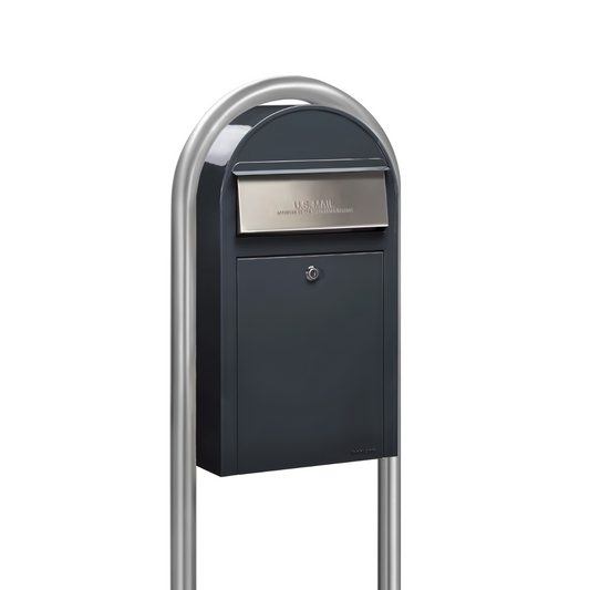 Bobi Grande Slim Front Access Modern Locking Grey Mailbox with Stainless Steel Mail Slot and Round Zinc Post Combo