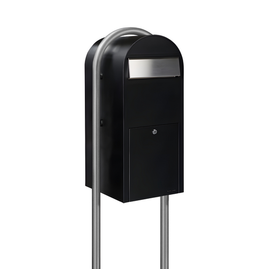 Bobi Jumbo Front Access Package Black Mailbox with Stainless Steel Mail Slot and Round Zinc Post Combo