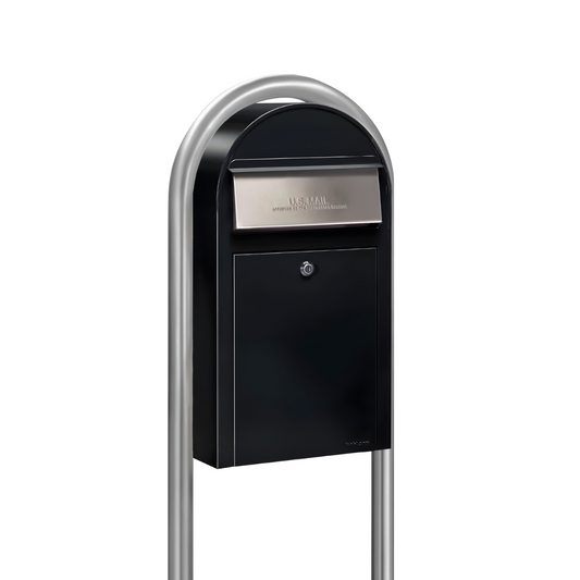 USPS Approved Bobi Grande Slim Front Access Modern Locking Black Mailbox with Stainless Steel Mail Slot and Round Zinc Post Combo